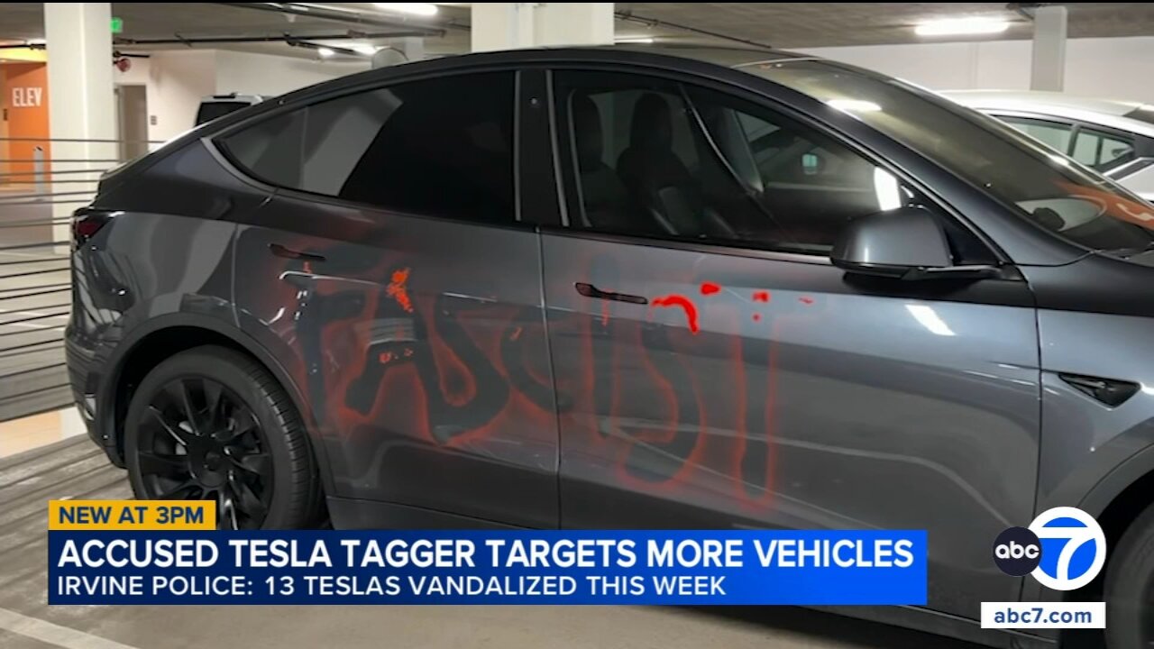 Serial vandalism suspect arrested after 13 Teslas tagged with spray paint, Irvine police say