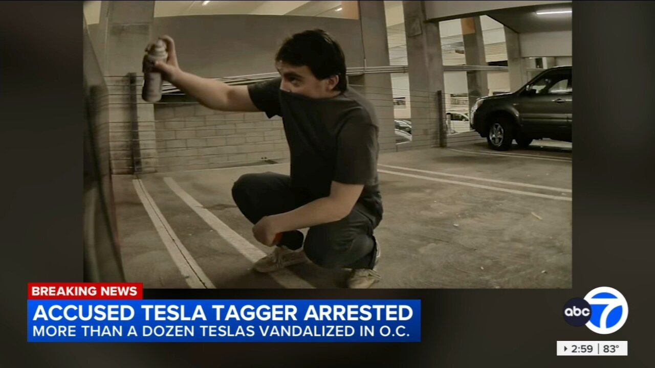 Serial vandalism suspect arrested after 13 Teslas tagged with spray paint, Irvine police say