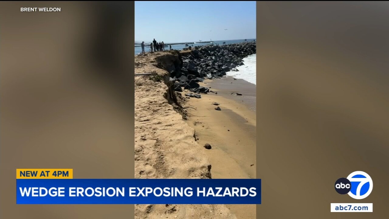 Coastal erosion at the Wedge in Newport Beach exposes pipes, wires after summer swells