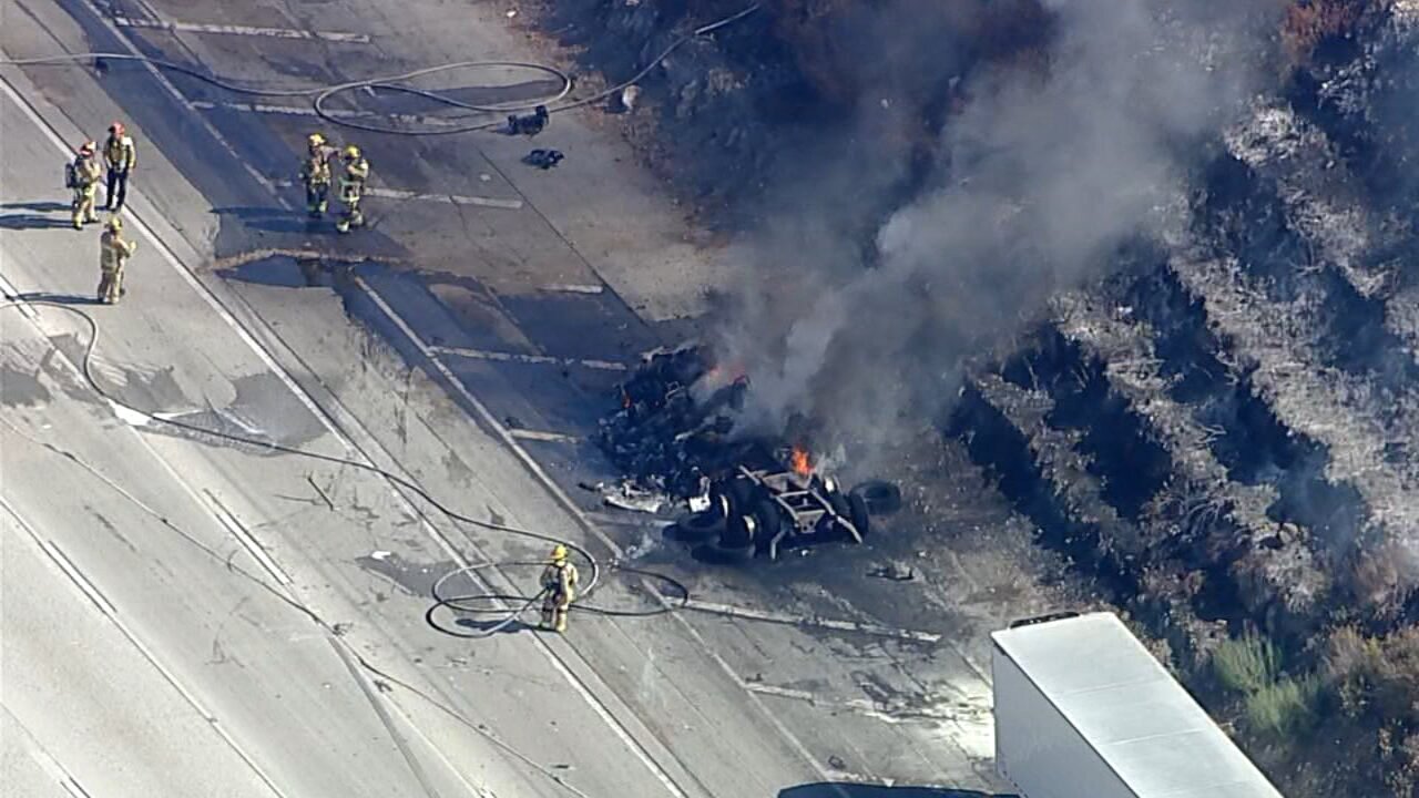 All WB lanes closed on 210 Freeway in Sunland after big rig fire spreads to nearby brush