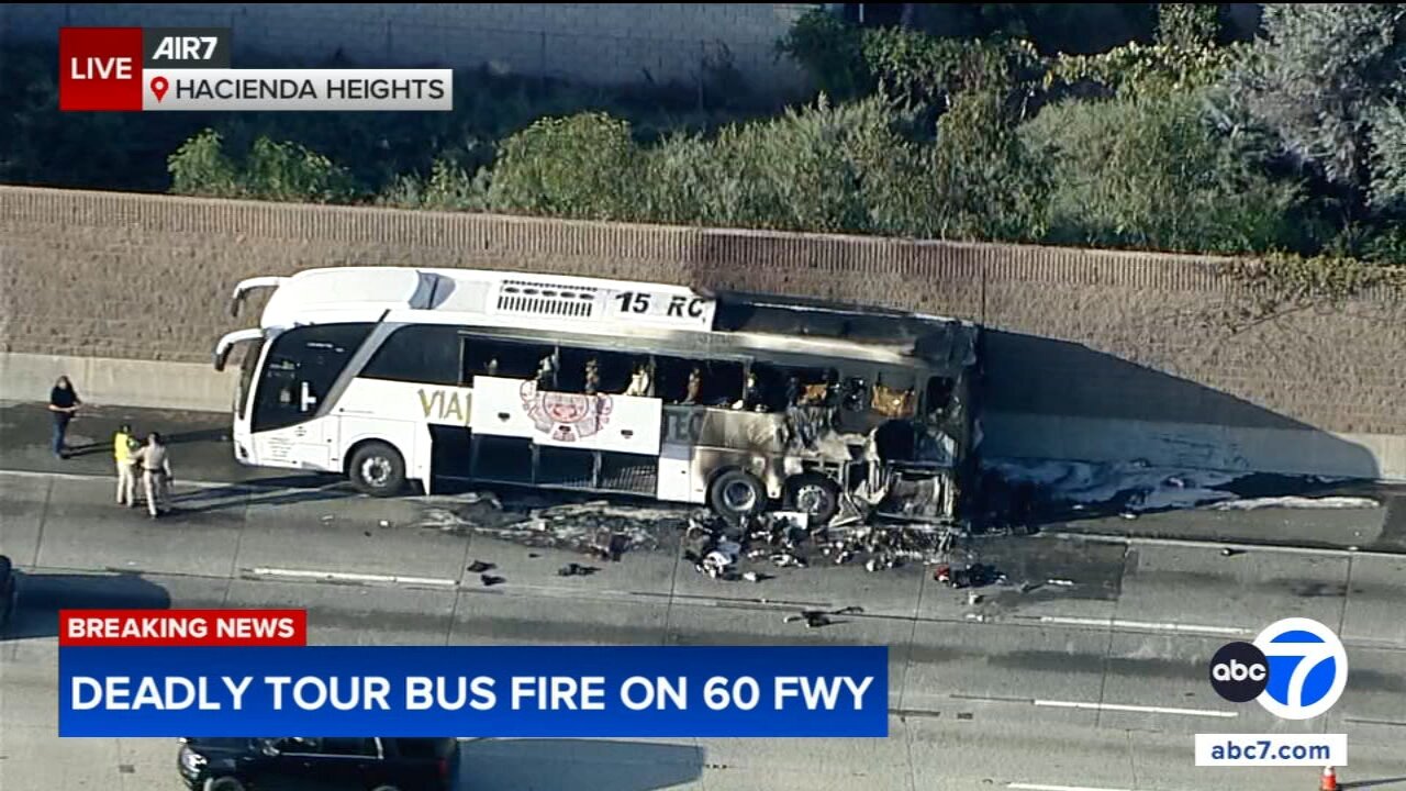 1 killed after fire engulfs tour bus on 60 Freeway in Hacienda Heights; several EB lanes closed