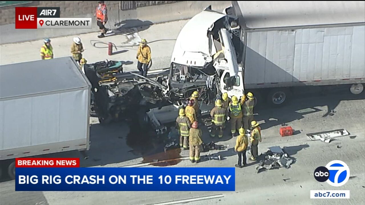 1 injured after big rigs crash on westbound 10 Freeway in Claremont