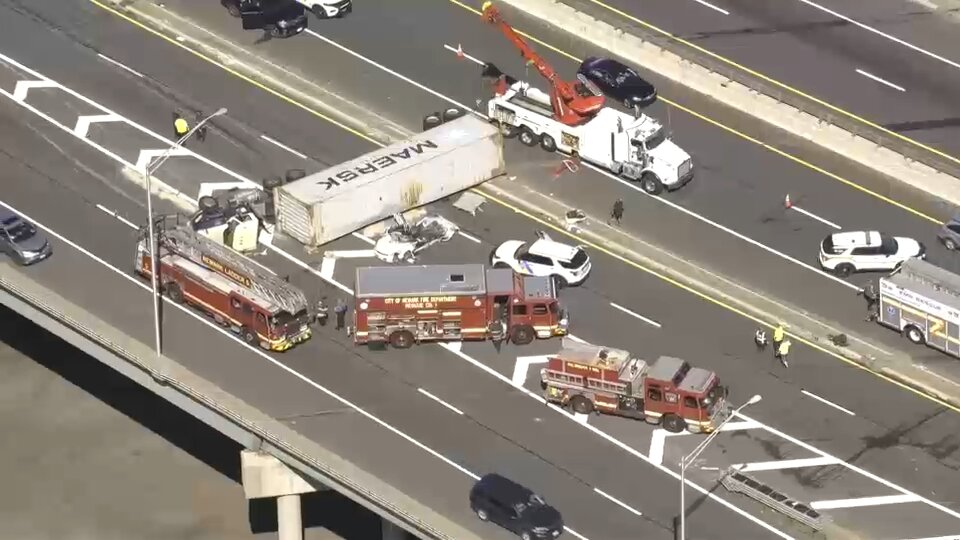 2 women killed in crash on I-78 after tractor-trailer overturns onto car in Newark.