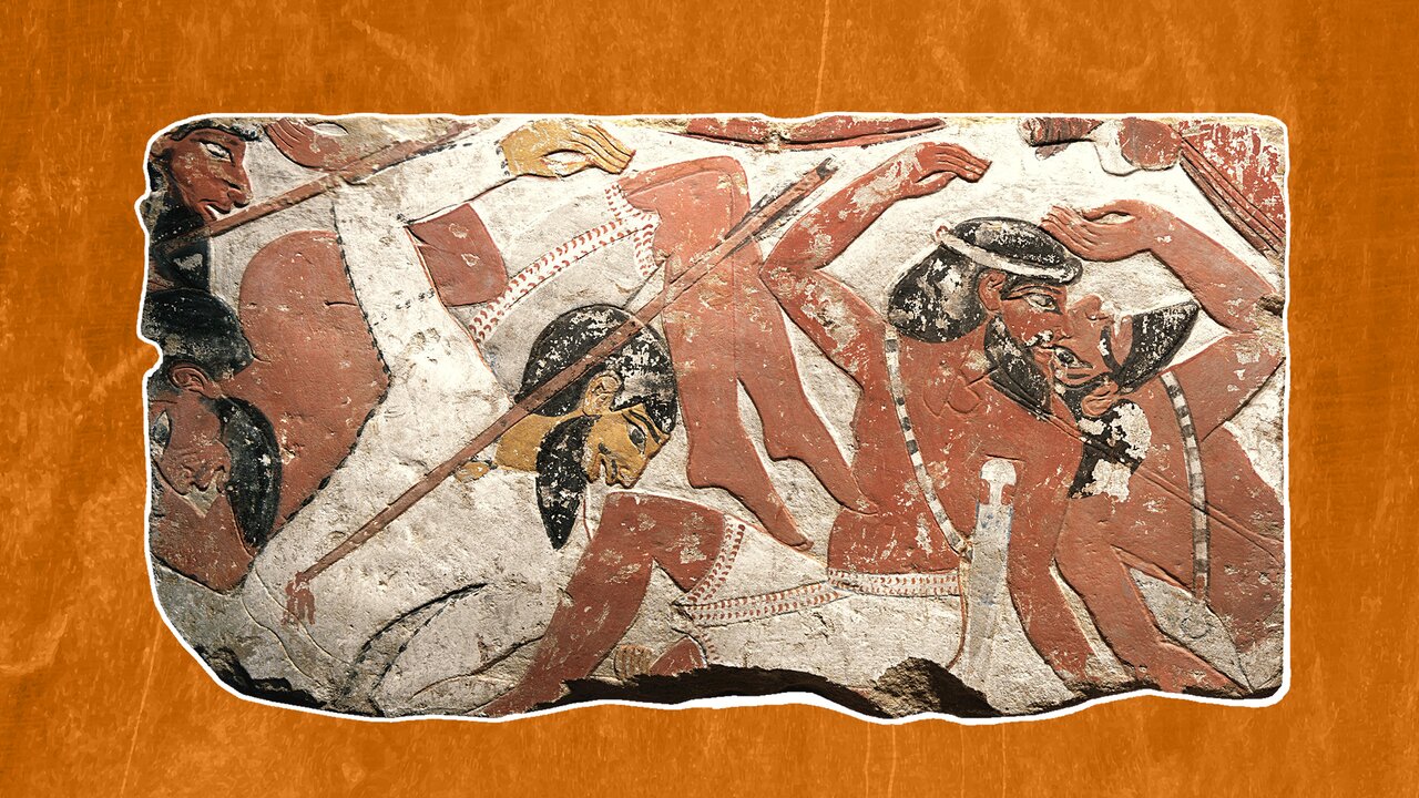 Relief fragment with vanquished enemies: A 3,400-year-old depiction of an Egyptian pharaoh crushing western Asian soldiers under…
