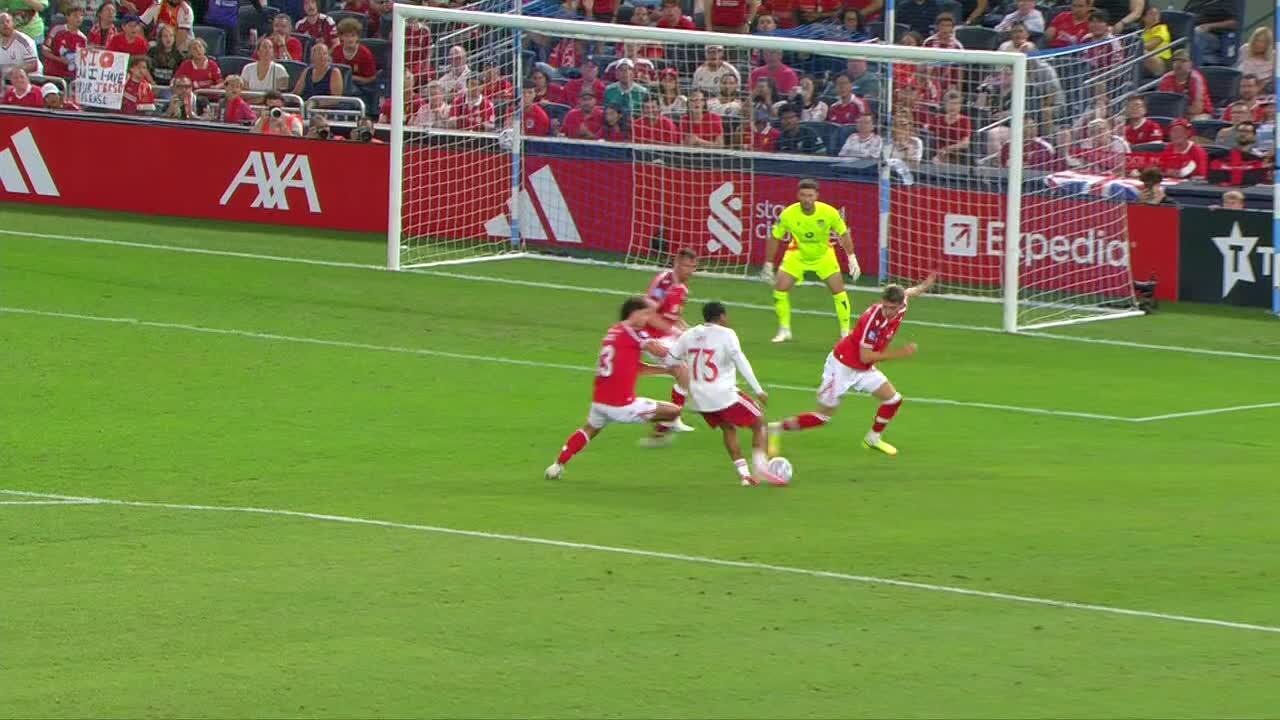 Rio Ngumoha's deflected shot loops in for Liverpool vs. Wrexham