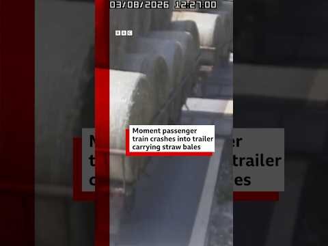 Moment passenger train crashes into trailer carrying straw bales. #Poland #BBCNews