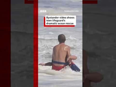 Bystander video shows teen lifeguard's dramatic ocean rescue. #BBCNews