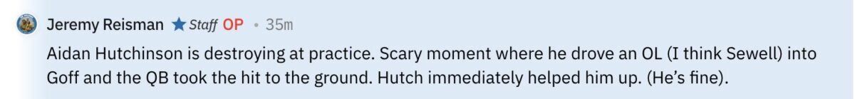 Jared Goff, Aidan Hutchinson Involved in Scary Moment at Training Camp