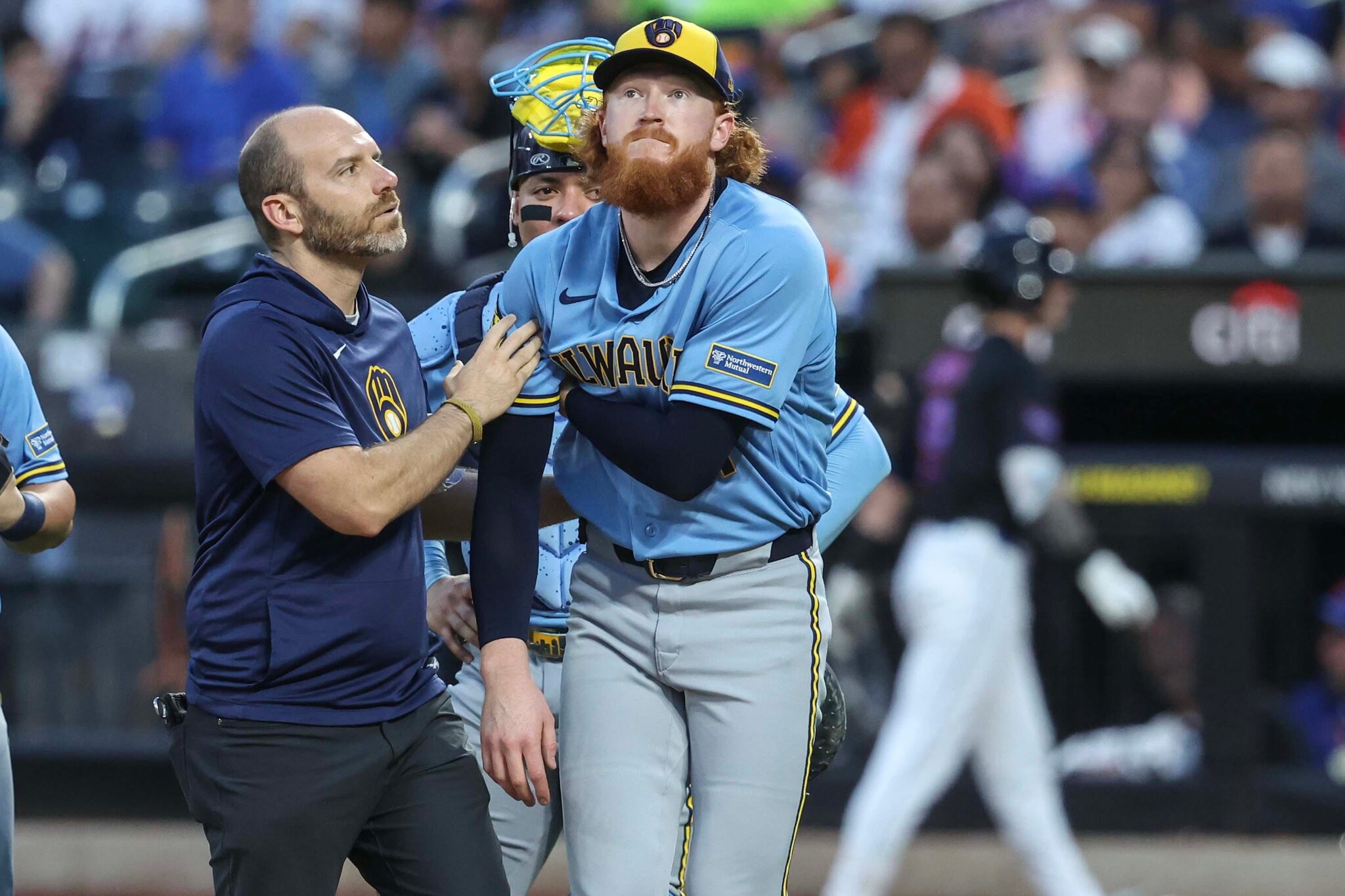 Brewers starter Dustin May leaves with injury after one pitch