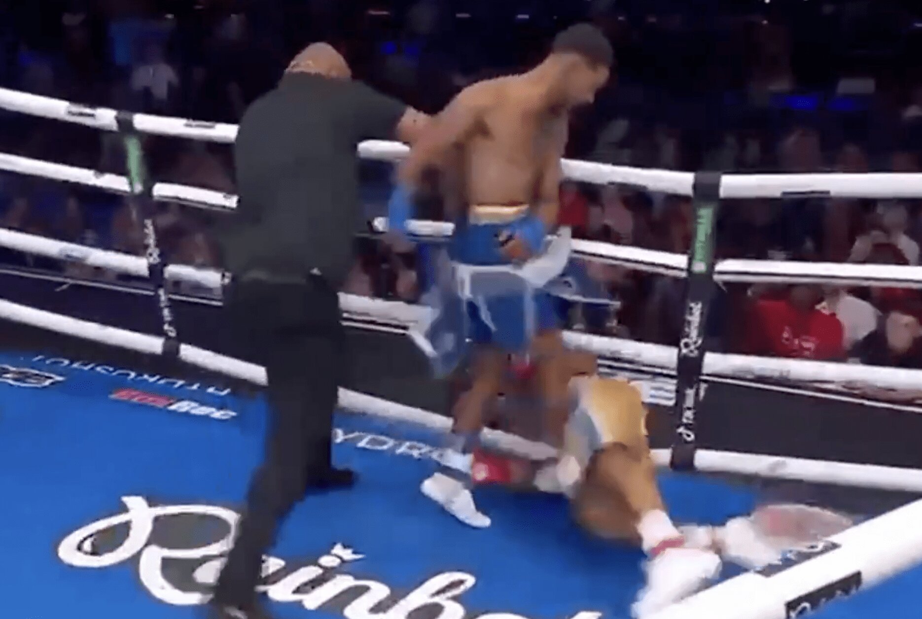 Fighter gets kicked out of the ring by opponent, returns and scores vicious knockout