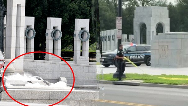 World War II Memorial on National Mall vandalized with pink spray paint; fountain overflowing with bubbles