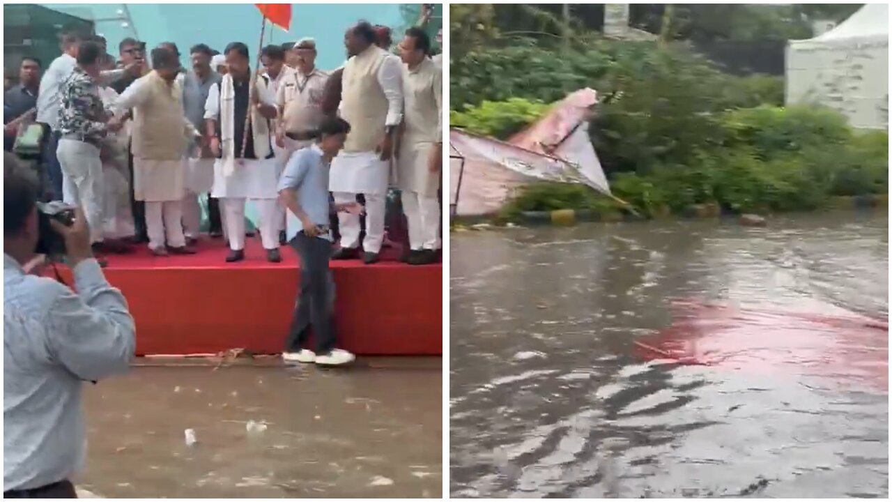 Swimming pool at Talkatora Stadium’: AAP mocks BJP over waterlogging at Nabin event