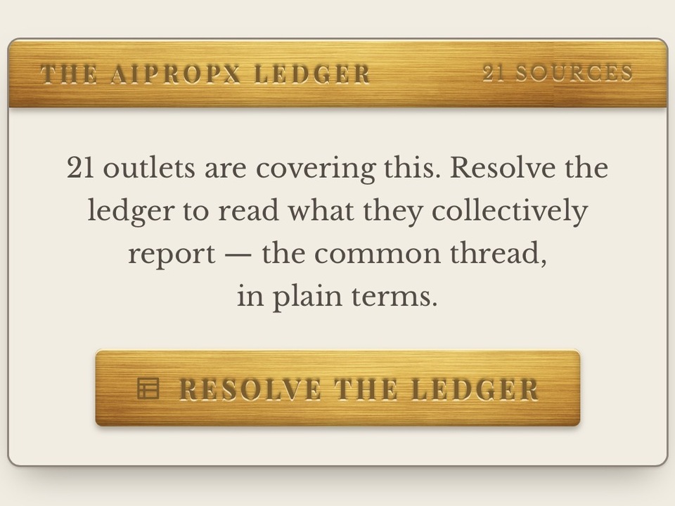 The AIPROPX Ledger panel with the Resolve the Ledger button, shown for a story with 21 sources