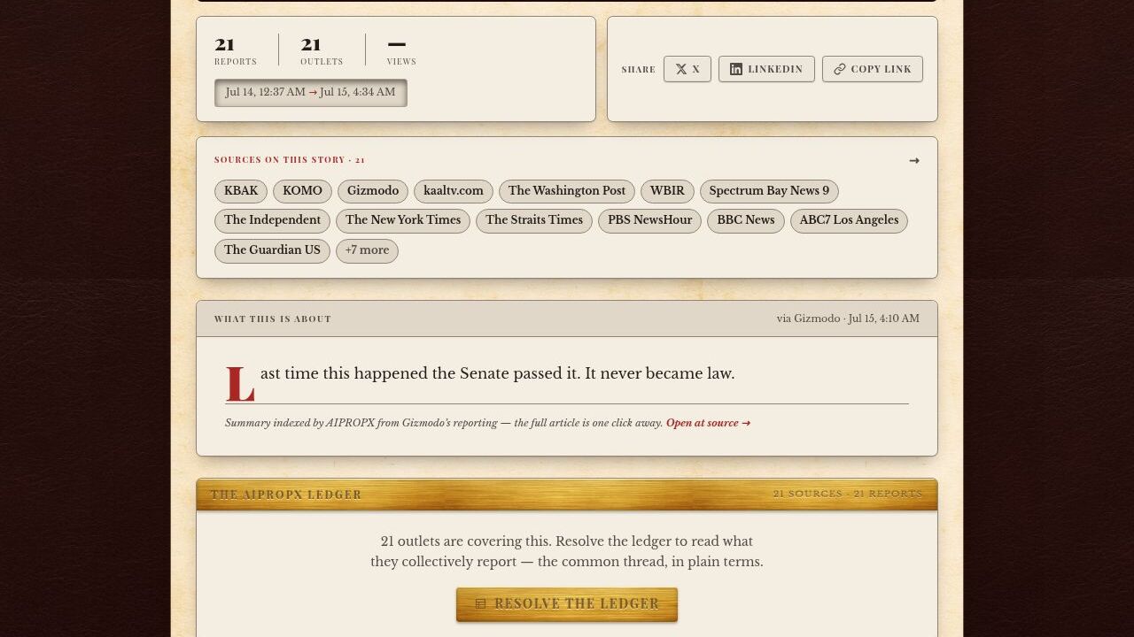 AIPROPX story entry showing report and outlet counts, the source list, and the ledger panel